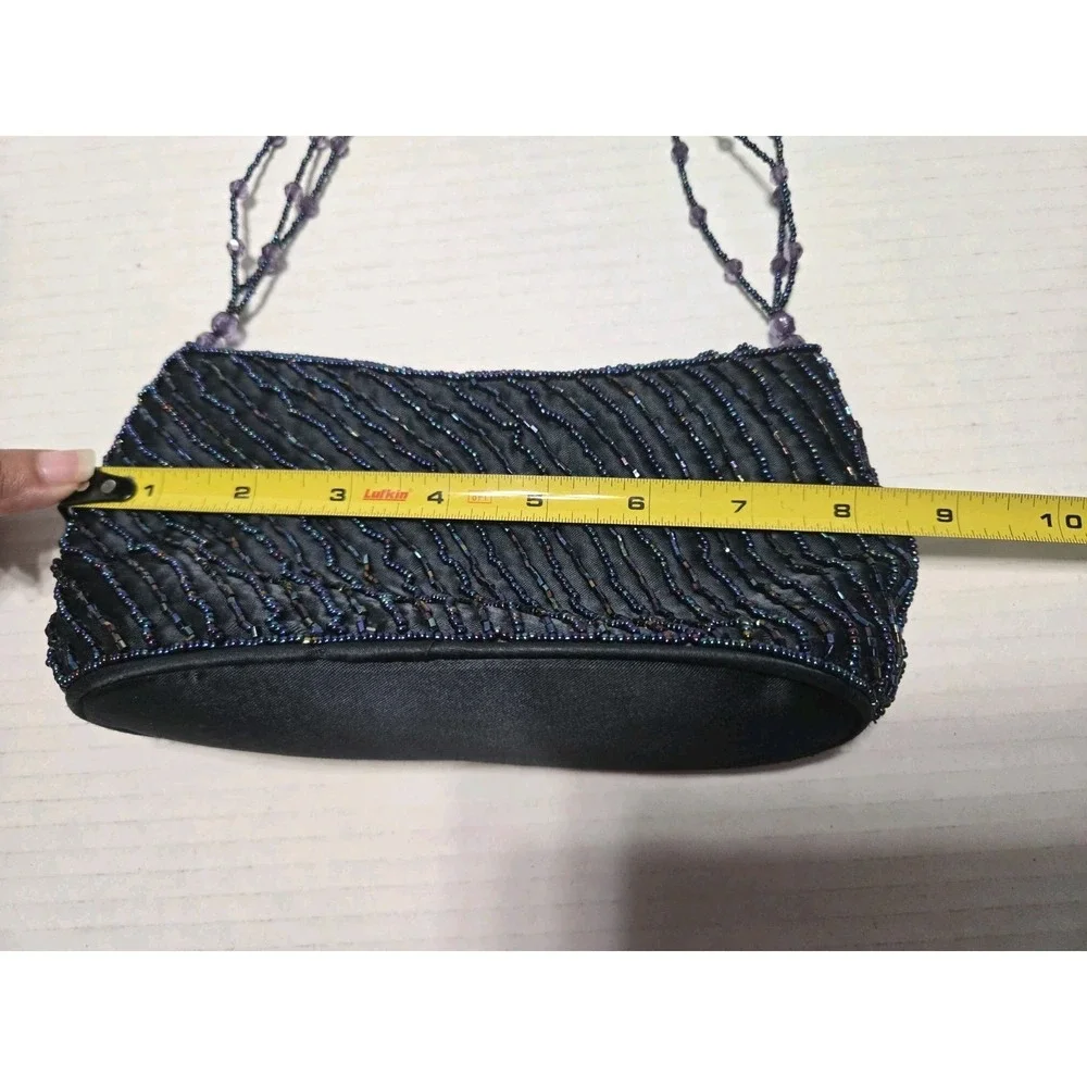HANDCRAFTED BLUE PLEATED‎ BAG w/ BEAD DECORATION AND BEAD HANDLE EVENING HANDBAG